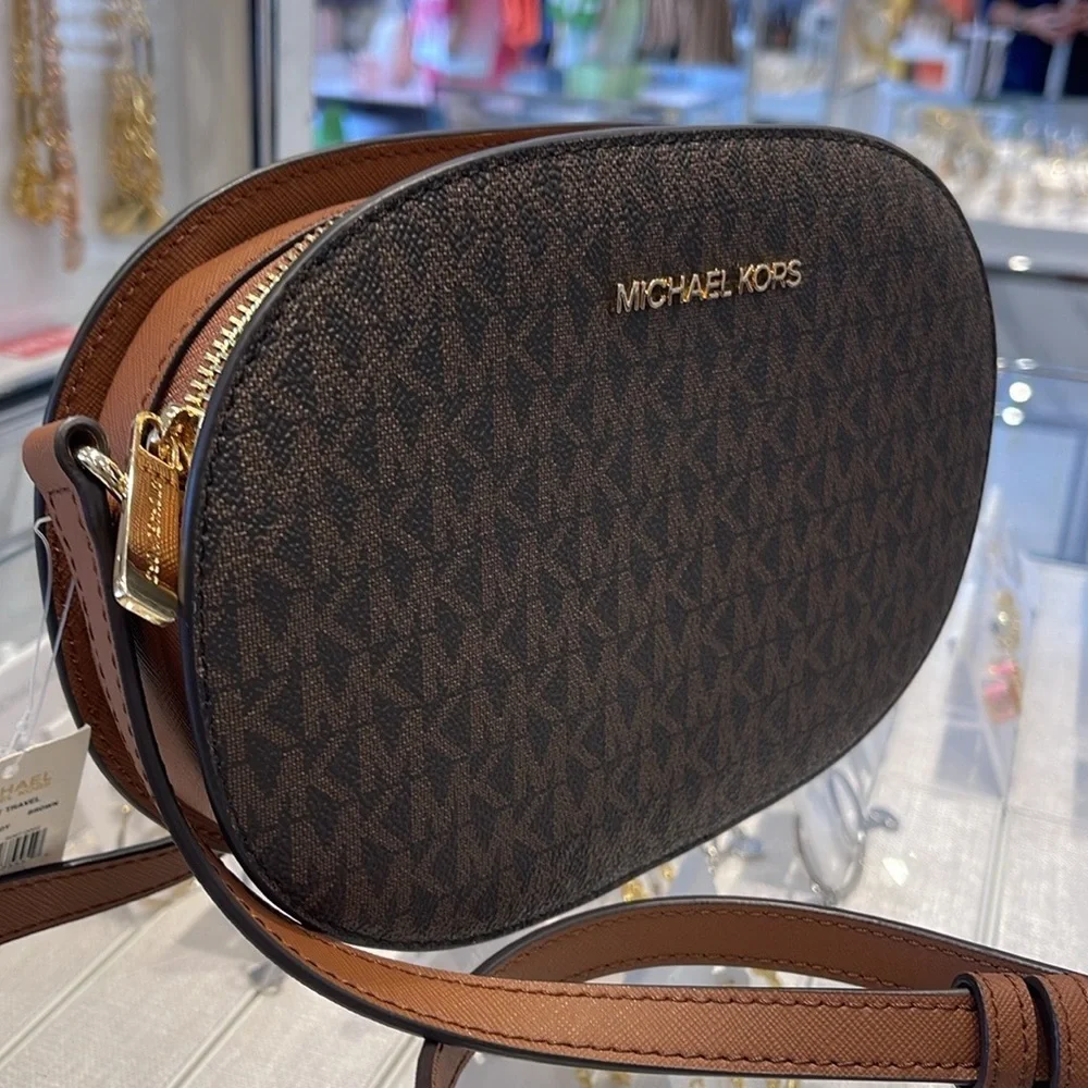 Michael Kors Jet Set Travel Medium Signature Logo EW Crossbody Bag Brown NWT